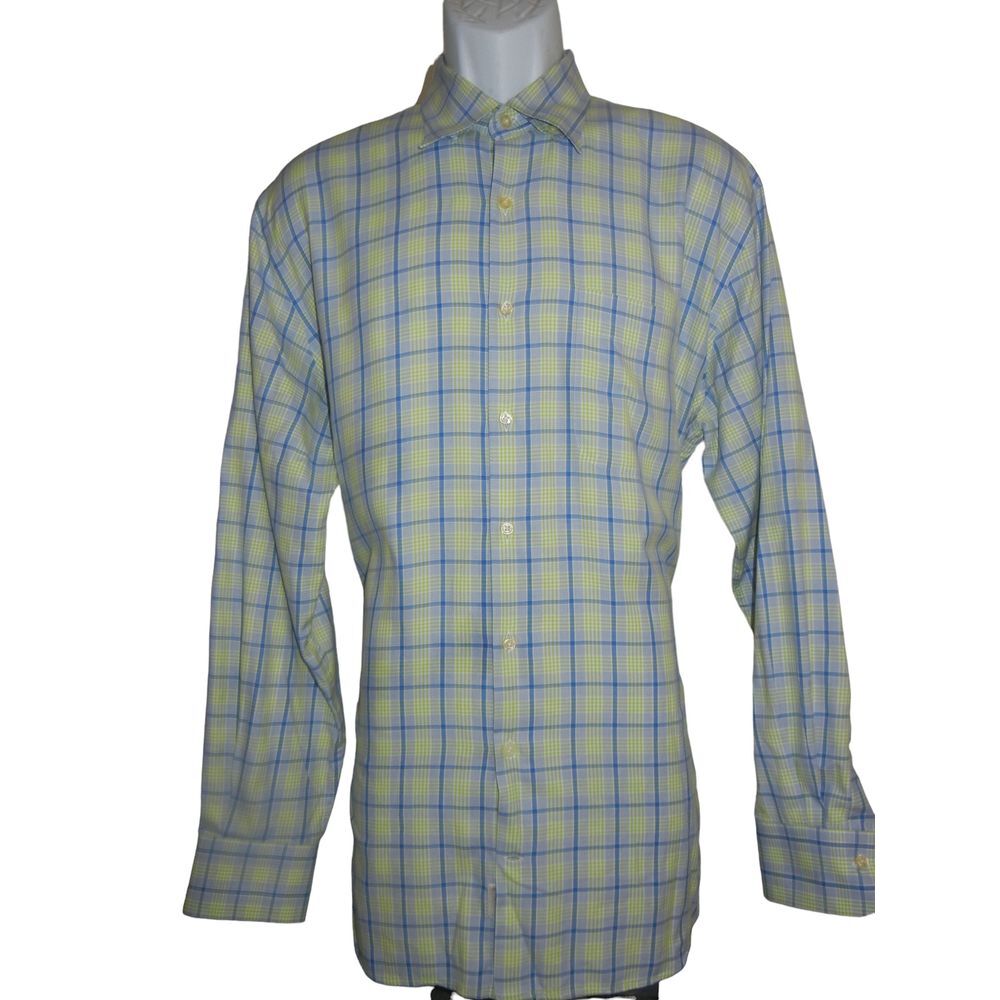 Peter Millar Button Down Shirt Mens Large Blue Green Cotton Gingham Check Summer